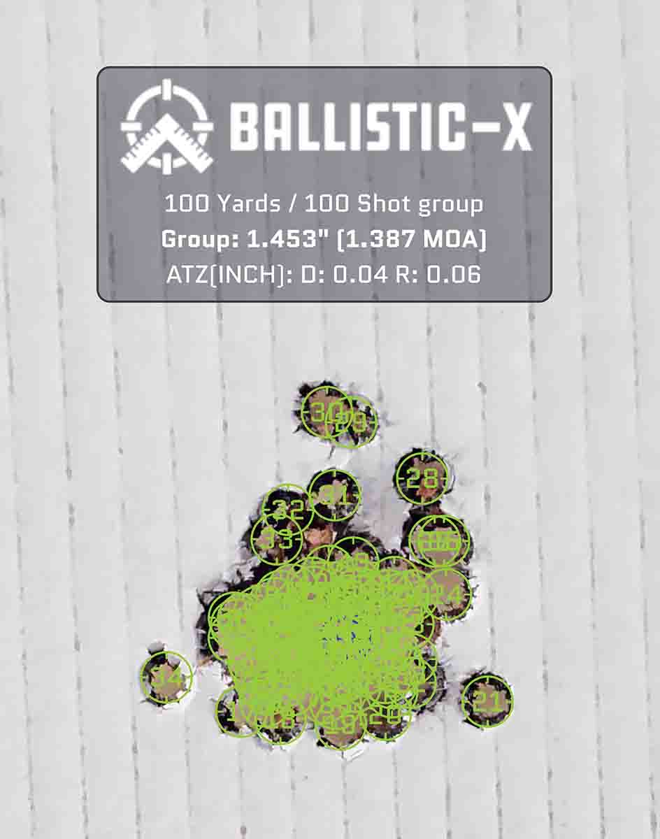 This was the best group on the cardboard backer for the targets. A total of 100 rounds across 20 different loads produced this group at 100 yards. A testament to the consistency of this rifle across a wide range of powders and bullets.